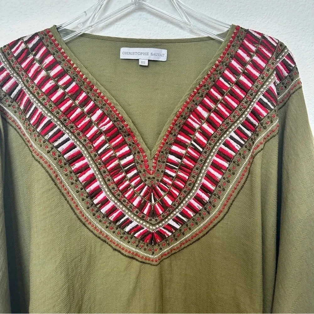 Christophe Sauvat Annie Boho Embroidered‎ Green Poncho With Fringe OS - Picture 4 of 6